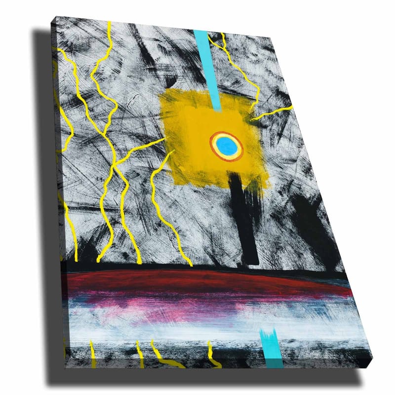 Canvas taulu 70x100 cm - Abstraktia taidetta, jossa on keskellä keltainen neliö ja sininen ympyrä, jota ympäröivät mustavalkoiset viivat - Keltainen / Musta / Sininen - Sisustustuotteet - Taulu & taide - Canvas-taulu