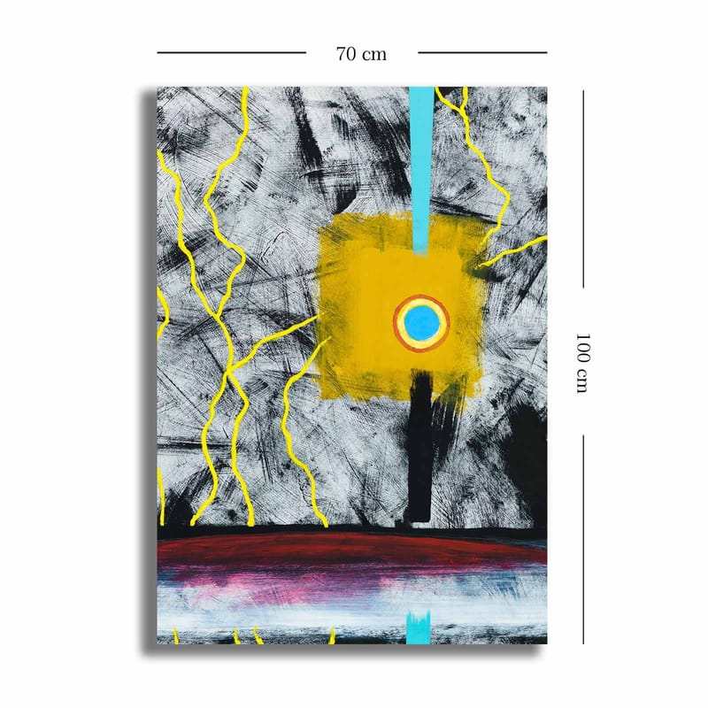 Canvas taulu 70x100 cm - Abstraktia taidetta, jossa on keskellä keltainen neliö ja sininen ympyrä, jota ympäröivät mustavalkoiset viivat - Keltainen / Musta / Sininen - Sisustustuotteet - Taulu & taide - Canvas-taulu