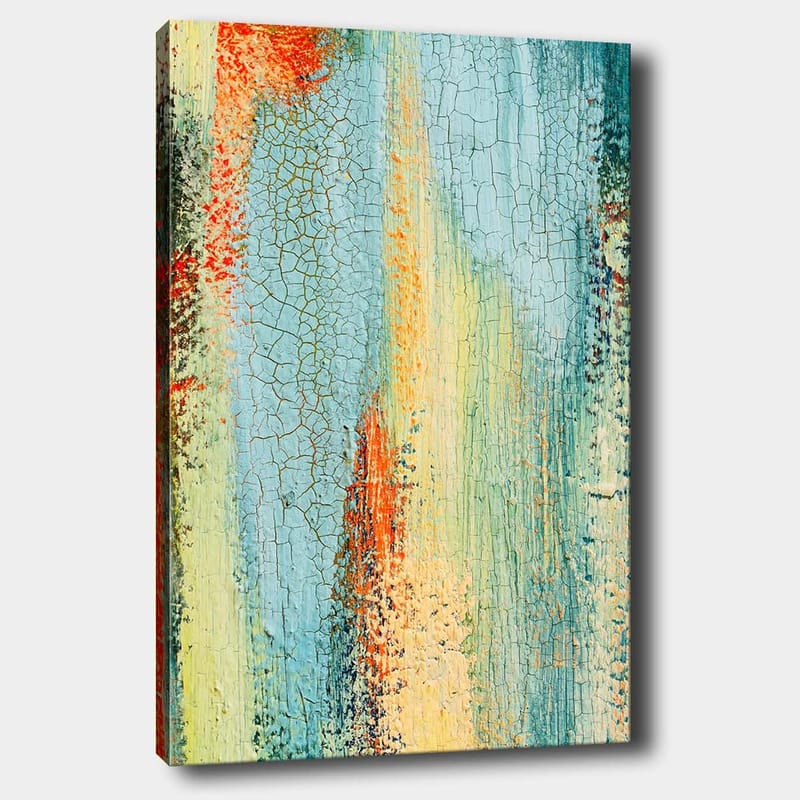 Canvas taulu 70x100 cm - Abstraktia taidetta, jossa sinisen ja oranssin sävyjä luovat dynaamisen tekstuurin - Sininen / Oranssi / Vihreä - Sisustustuotteet - Taulu & taide - Canvas-taulu
