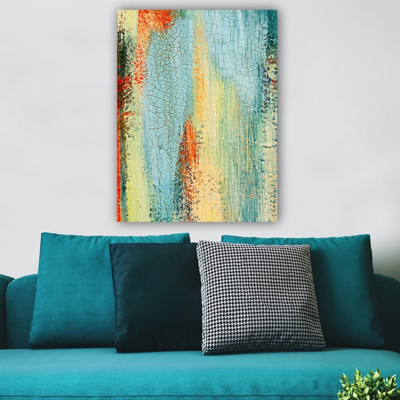 Canvas taulu 70x100 cm - Abstraktia taidetta, jossa sinisen ja oranssin sävyjä luovat dynaamisen tekstuurin, Sininen / Oranssi / Vihreä