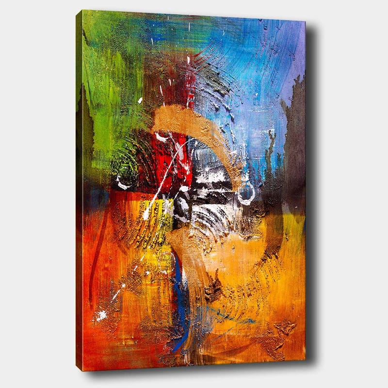 Canvas taulu 70x100 cm - Abstraktia taidetta dynaamisilla muodoilla ja väreillä, jotka luovat liikkeen ja energian tunteen, Sininen / Punainen / Oranssi