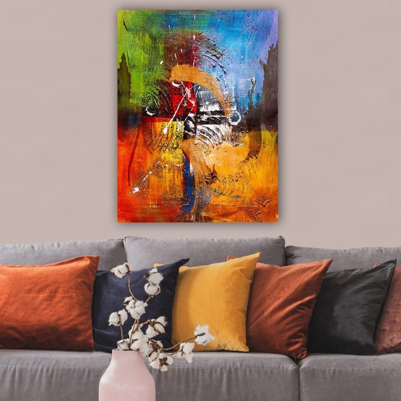 Canvas taulu 70x100 cm - Abstraktia taidetta dynaamisilla muodoilla ja väreillä, jotka luovat liikkeen ja energian tunteen - Sininen / Punainen / Oranssi - Sisustustuotteet - Taulu & taide - Canvas-taulu