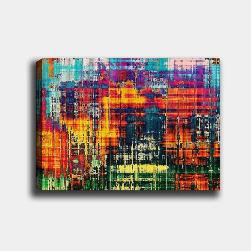Canvas taulu 70x100 cm - Abstraktia taidetta eloisilla väreillä ja dynaamisilla kuvioilla, Turkoosi / Oranssi / Tummansininen