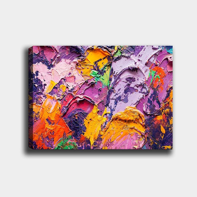 Canvas taulu 70x100 cm - Abstraktia taidetta eloisilla väreillä ja tekstuureilla, jotka luovat dynaamisen sommitelman, Violetti / Oranssi / Vaaleanpunainen
