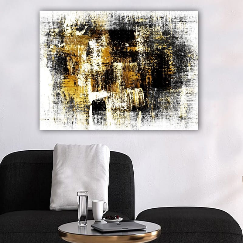 Canvas taulu 70x100 cm - Abstraktia taidetta kultaisilla ja mustilla elementeillä - Kulta / Musta / Valkoinen - Sisustustuotteet - Taulu & taide - Canvas-taulu