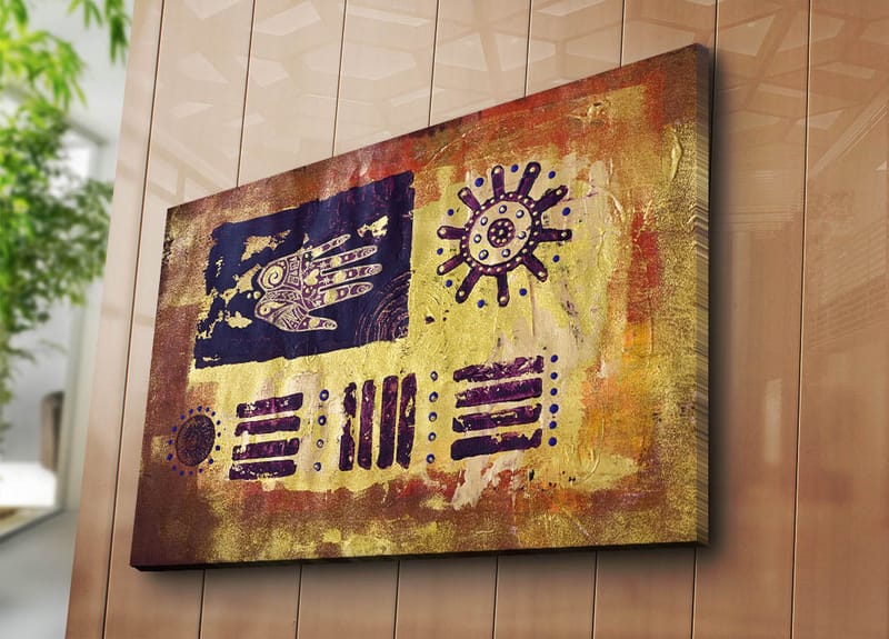 Canvas taulu 70x100 cm - Abstraktia taidetta symboleilla ja kuvioilla värikkäässä sommitelmassa - Kulta / Tummansininen / Violetti - Sisustustuotteet - Taulu & taide - Canvas-taulu