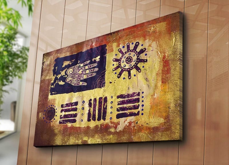 Canvas taulu 70x100 cm - Abstraktia taidetta symboleilla ja kuvioilla värikkäässä sommitelmassa - Kulta / Tummansininen / Violetti - Sisustustuotteet - Taulu & taide - Canvas-taulu