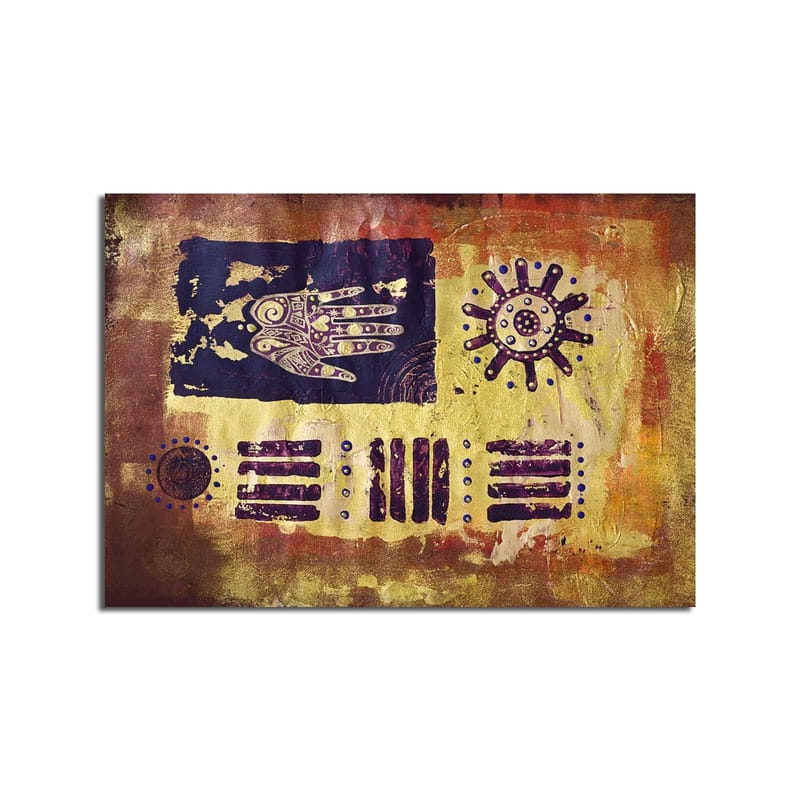 Canvas taulu 70x100 cm - Abstraktia taidetta symboleilla ja kuvioilla värikkäässä sommitelmassa - Kulta / Tummansininen / Violetti - Sisustustuotteet - Taulu & taide - Canvas-taulu