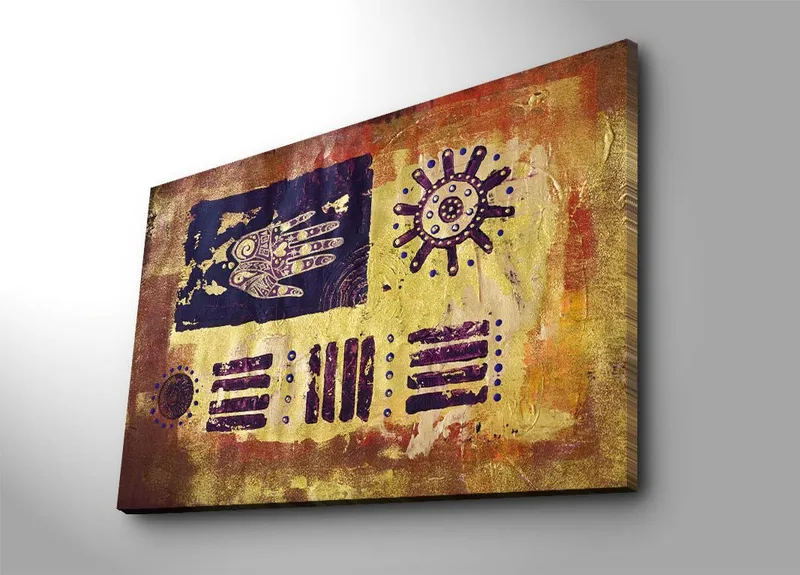 Canvas taulu 70x100 cm - Abstraktia taidetta symboleilla ja kuvioilla värikkäässä sommitelmassa, Kulta / Tummansininen / Violetti