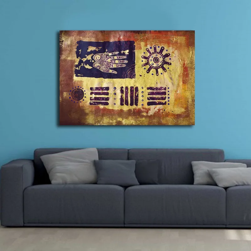 Canvas taulu 70x100 cm - Abstraktia taidetta symboleilla ja kuvioilla värikkäässä sommitelmassa - Kulta / Tummansininen / Violetti - Sisustustuotteet - Taulu & taide - Canvas-taulu