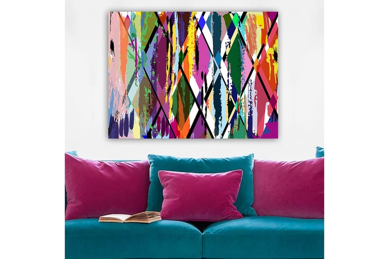 Canvas taulu 70x100 cm - Abstraktia taidetta värikkäillä geometrisilla kuvioilla, Violetti / Vihreä / Oranssi