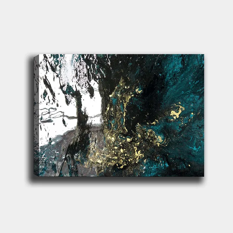 Canvas taulu 70x100 cm - Abstraktia taidetta virtaavilla muodoilla syvän sinisissä ja kultaisissa sävyissä, Tummansininen / Kulta / Musta