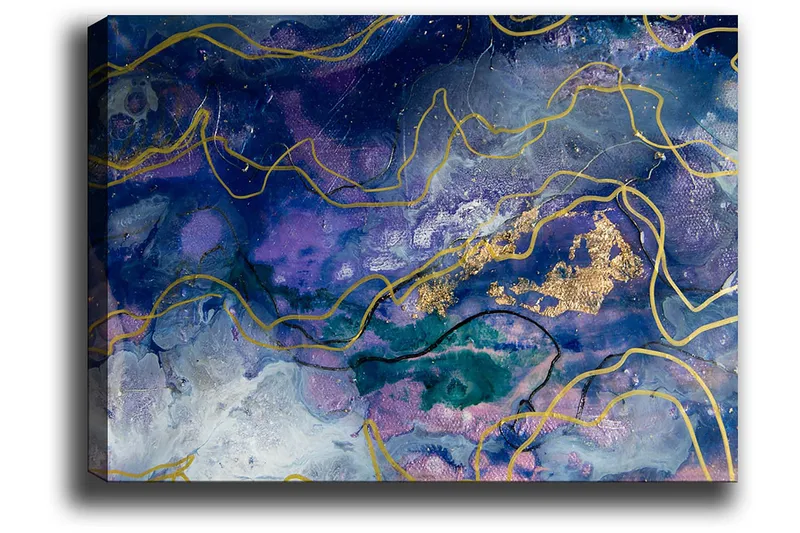 Canvas taulu 70x100 cm - Abstraktia taidetta virtaavilla muodoilla syvän sinisissä ja violeteissa sävyissä - Tummansininen / Violetti / Kulta - Sisustustuotteet - Taulu & taide - Canvas-taulu