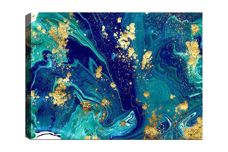 Canvas taulu 70x100 cm - Abstraktia taidetta pyörteilevillä sinisillä ja vihreillä kuvioilla ja kultaisilla yksityiskohdilla, Tummansininen / Turkoosi / Kulta