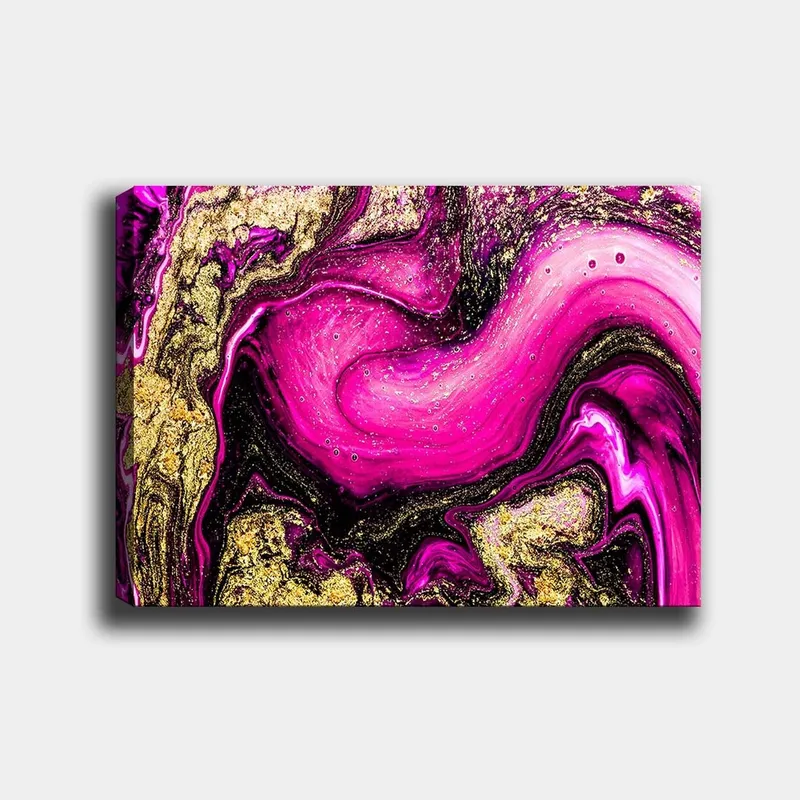 Canvas taulu 70x100 cm - Abstraktia taidetta pyörteilevillä vaaleanpunaisilla ja kultaisilla kuvioilla, Vaaleanpunainen / Kulta / Musta