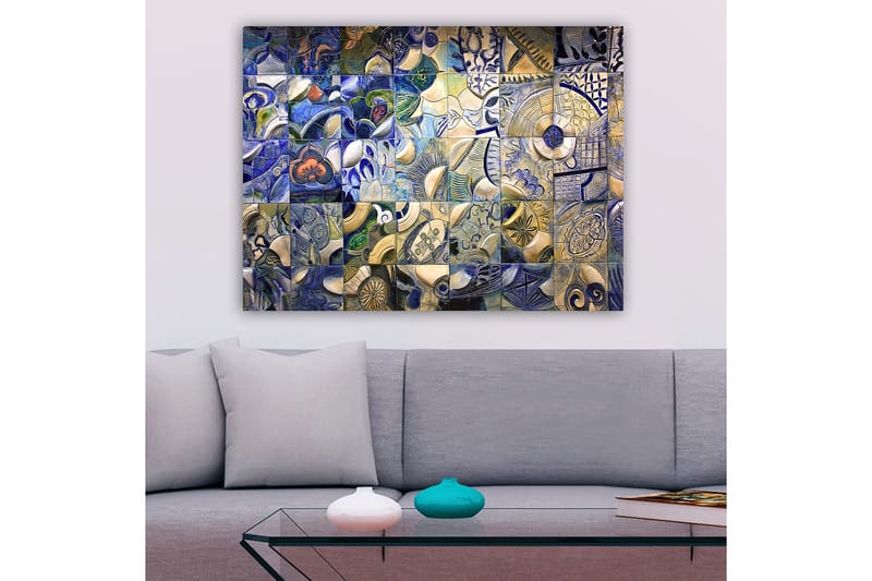 Canvas taulu 70x100 cm - Abstraktien muotojen ja kuvioiden mosaiikki sinisissä ja valkoisissa sävyissä - Sininen / Valkoinen / Beige - Sisustustuotteet - Taulu & taide - Canvas-taulu