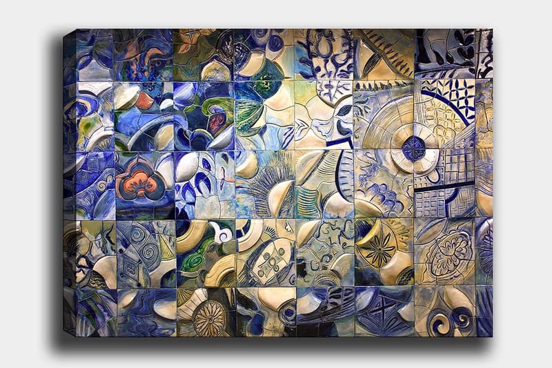 Canvas taulu 70x100 cm - Abstraktien muotojen ja kuvioiden mosaiikki sinisissä ja valkoisissa sävyissä, Sininen / Valkoinen / Beige