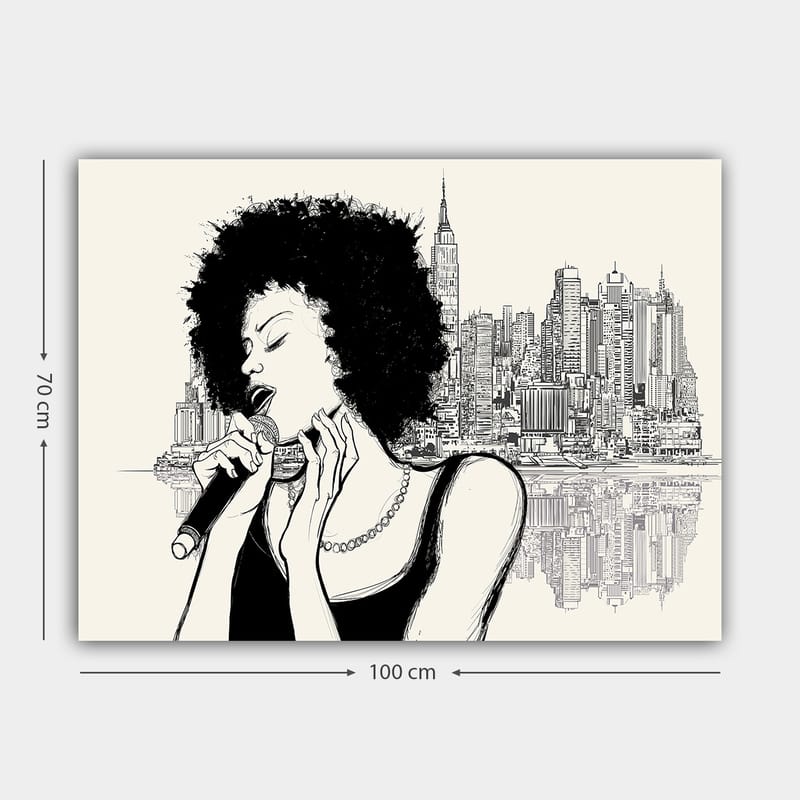 Canvas taulu 70x100 cm - Afrohiuksinen laulaja ilmestyy kaupunkisiluetin eteen - Musta / Beige - Sisustustuotteet - Taulu & taide - Canvas-taulu