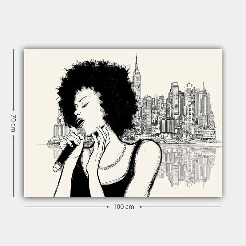 Canvas taulu 70x100 cm - Afrohiuksinen laulaja ilmestyy kaupunkisiluetin eteen - Musta / Beige - Sisustustuotteet - Taulu & taide - Canvas-taulu