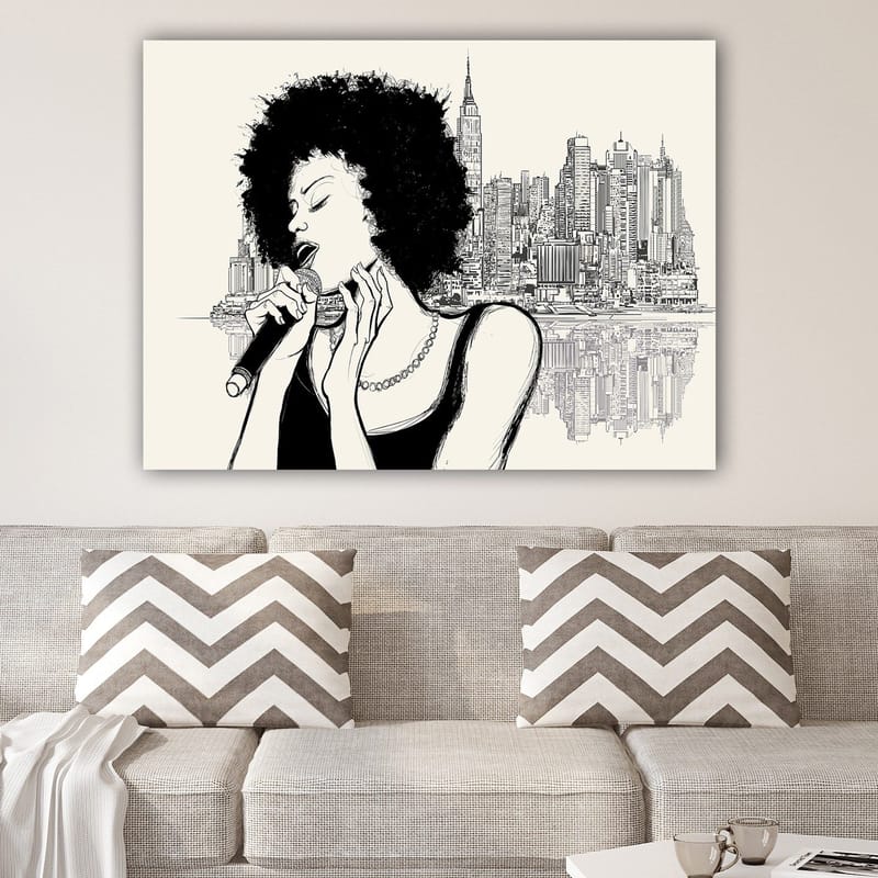 Canvas taulu 70x100 cm - Afrohiuksinen laulaja ilmestyy kaupunkisiluetin eteen - Musta / Beige - Sisustustuotteet - Taulu & taide - Canvas-taulu