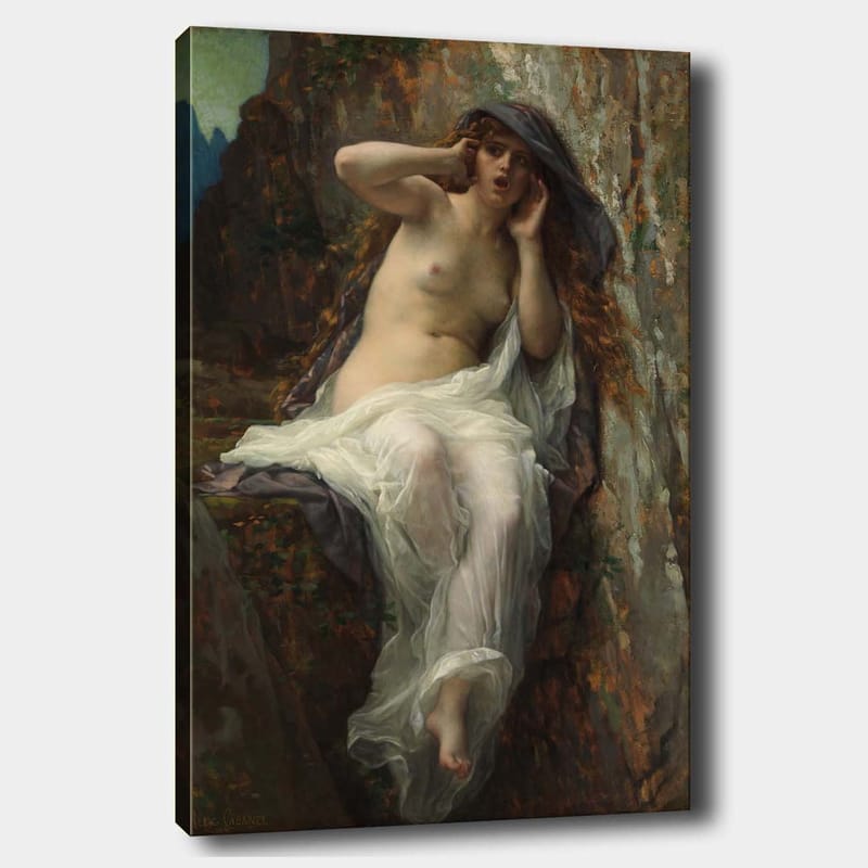 Canvas taulu 70x100 cm - Alaston nainen istuu kalliolla dramaattisessa ja ilmeikkäässä poseerassa - Beige / Valkoinen / Tummanharmaa - Sisustustuotteet - Taulu & taide - Canvas-taulu