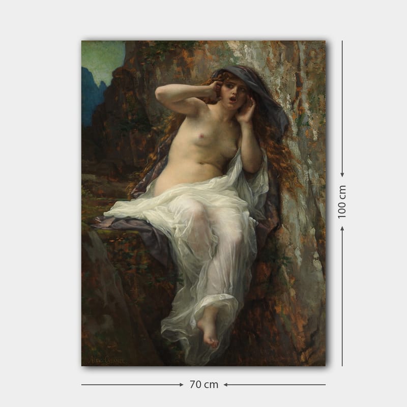 Canvas taulu 70x100 cm - Alaston nainen istuu kalliolla dramaattisessa ja ilmeikkäässä poseerassa - Beige / Valkoinen / Tummanharmaa - Sisustustuotteet - Taulu & taide - Canvas-taulu