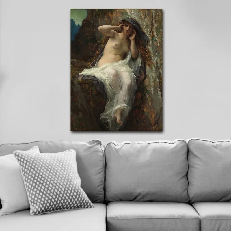 Canvas taulu 70x100 cm - Alaston nainen istuu kalliolla dramaattisessa ja ilmeikkäässä poseerassa, Beige / Valkoinen / Tummanharmaa