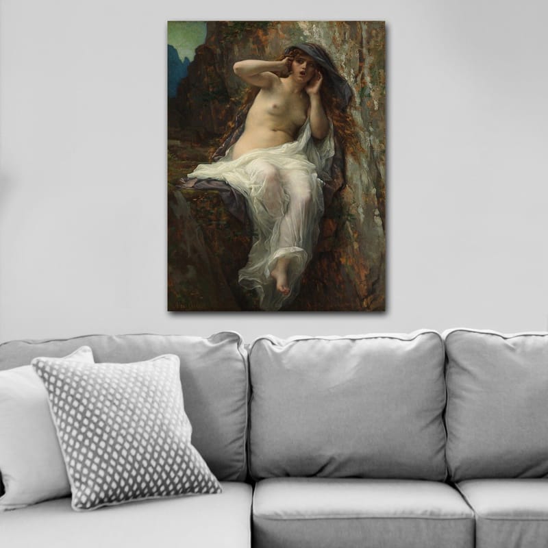 Canvas taulu 70x100 cm - Alaston nainen istuu kalliolla dramaattisessa ja ilmeikkäässä poseerassa, Beige / Valkoinen / Tummanharmaa