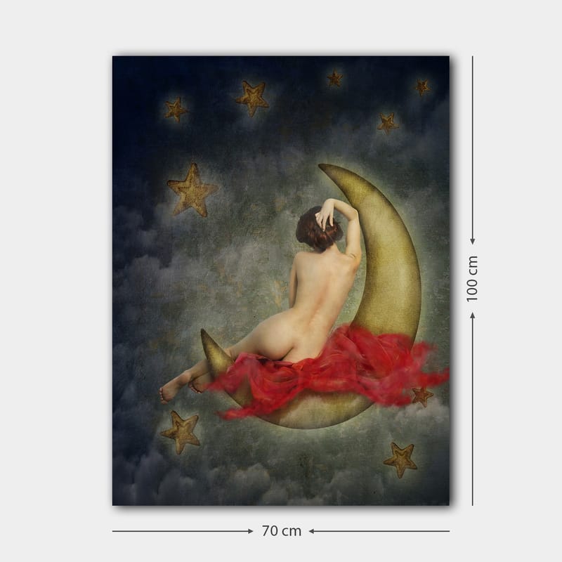 Canvas taulu 70x100 cm - Alaston nainen istuu kuunsirpin päällä tähtien ja pilvien ympäröimänä - Kulta / Punainen / Beige - Sisustustuotteet - Taulu & taide - Canvas-taulu