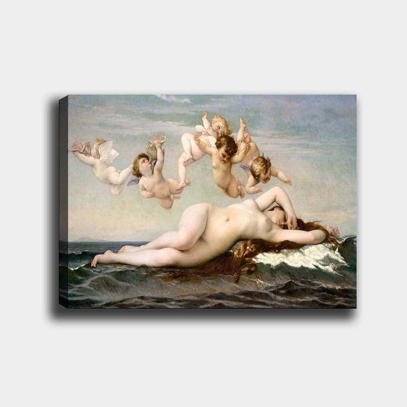 Canvas taulu 70x100 cm - Alaston nainen makaa meren aalloilla leikkisien enkelien ympäröimänä, Beige / Taivaansininen / Merenvihreä