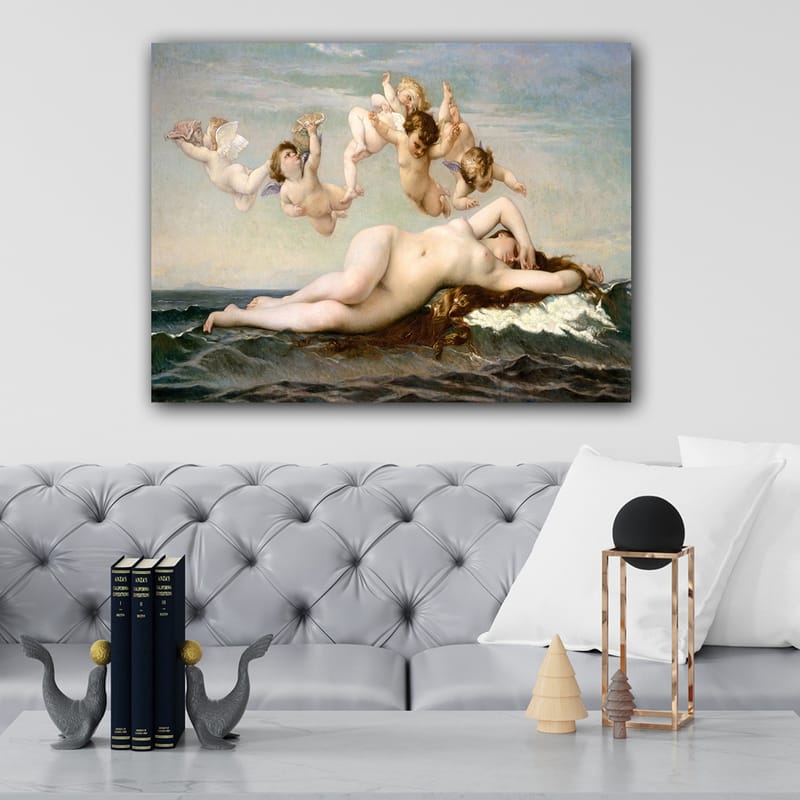 Canvas taulu 70x100 cm - Alaston nainen makaa meren aalloilla leikkisien enkelien ympäröimänä - Beige / Taivaansininen / Merenvihreä - Sisustustuotteet - Taulu & taide - Canvas-taulu