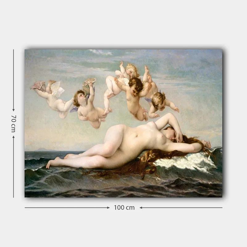 Canvas taulu 70x100 cm - Alaston nainen makaa meren aalloilla leikkisien enkelien ympäröimänä - Beige / Taivaansininen / Merenvihreä - Sisustustuotteet - Taulu & taide - Canvas-taulu