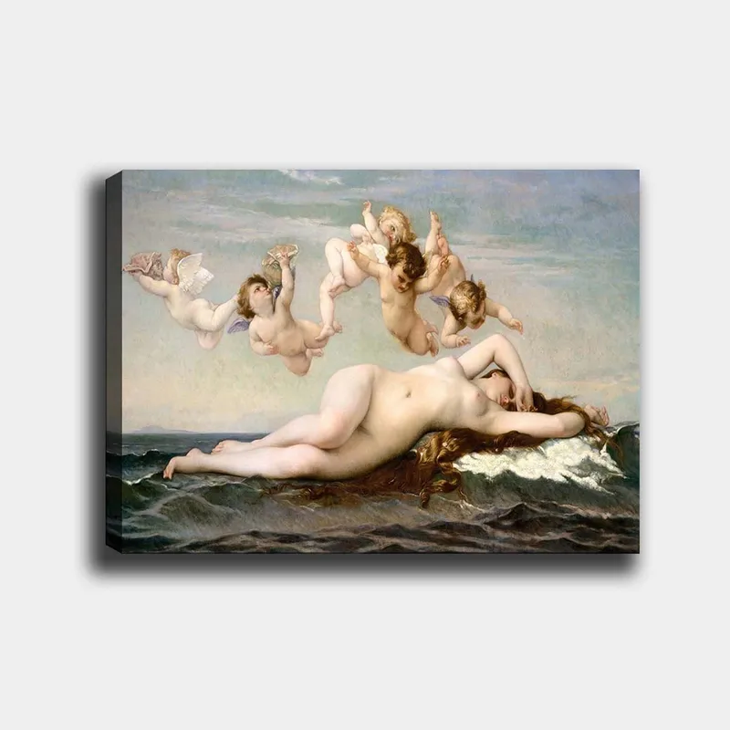 Canvas taulu 70x100 cm - Alaston nainen makaa meren aalloilla leikkisien enkelien ympäröimänä, Beige / Taivaansininen / Merenvihreä