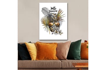 Canvas taulu 70x100 cm - Ananas aurinkolaseilla, trooppisten kasvien ja kukkien ympäröimänä, tekstillä Hello Summer - Kulta / Vihreä / Valkoinen - Sisustustuotteet - Taulu & taide - Canvas-taulu