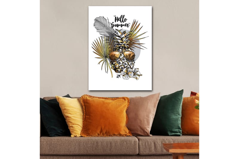 Canvas taulu 70x100 cm - Ananas aurinkolaseilla, trooppisten kasvien ja kukkien ympäröimänä, tekstillä Hello Summer - Kulta / Vihreä / Valkoinen - Sisustustuotteet - Taulu & taide - Canvas-taulu