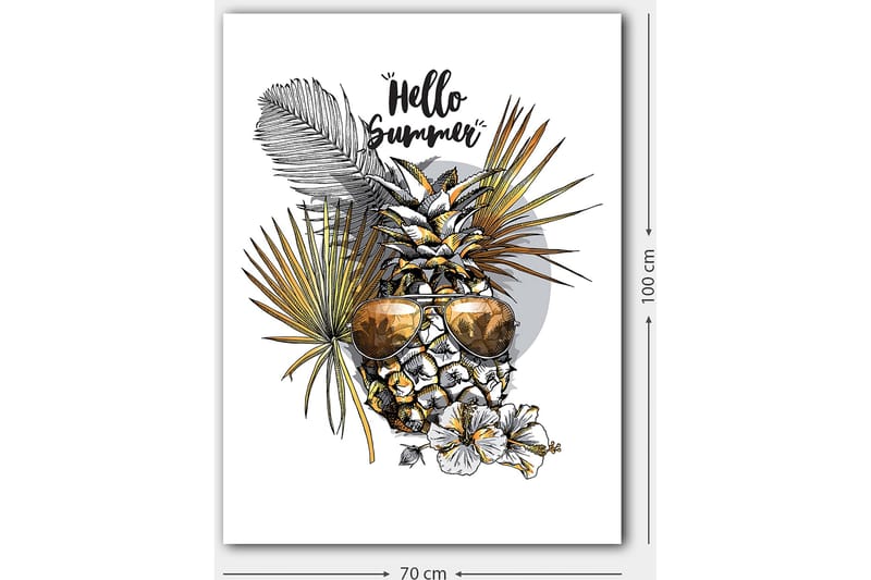 Canvas taulu 70x100 cm - Ananas aurinkolaseilla, trooppisten kasvien ja kukkien ympäröimänä, tekstillä Hello Summer - Kulta / Vihreä / Valkoinen - Sisustustuotteet - Taulu & taide - Canvas-taulu