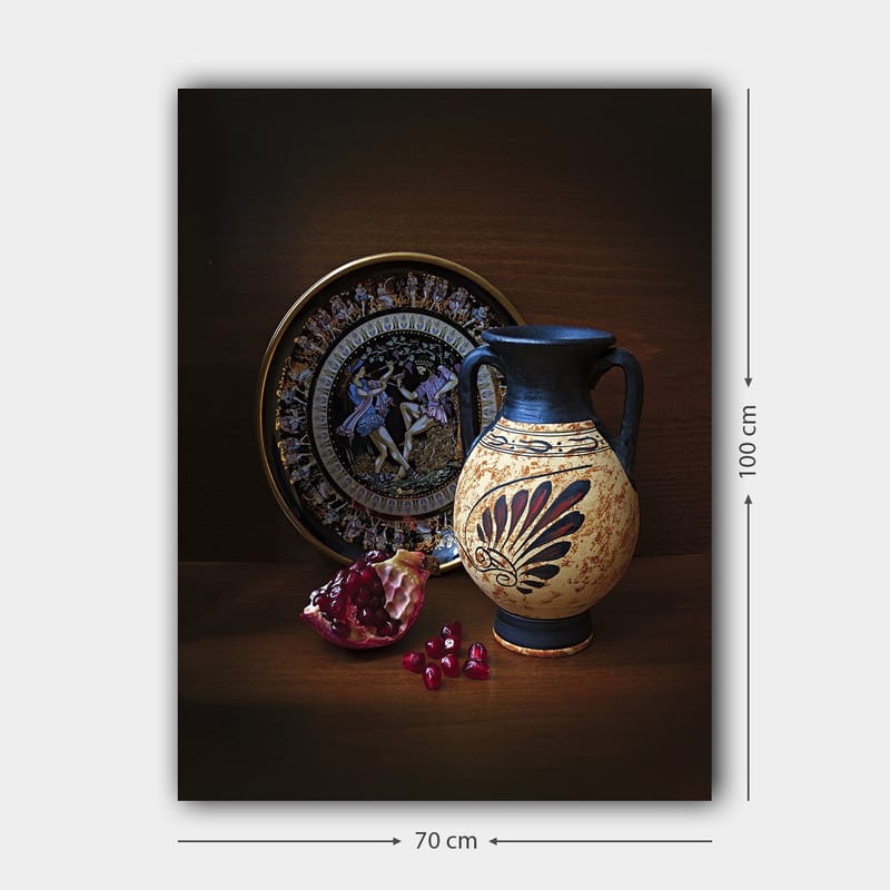 Canvas taulu 70x100 cm - Antiikkinen ruukku koristeellisilla kuvioilla ja granaattiomena pääaiheena - Musta / Beige / Punainen - Sisustustuotteet - Taulu & taide - Canvas-taulu