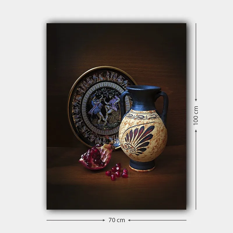 Canvas taulu 70x100 cm - Antiikkinen ruukku koristeellisilla kuvioilla ja granaattiomena pääaiheena - Musta / Beige / Punainen - Sisustustuotteet - Taulu & taide - Canvas-taulu