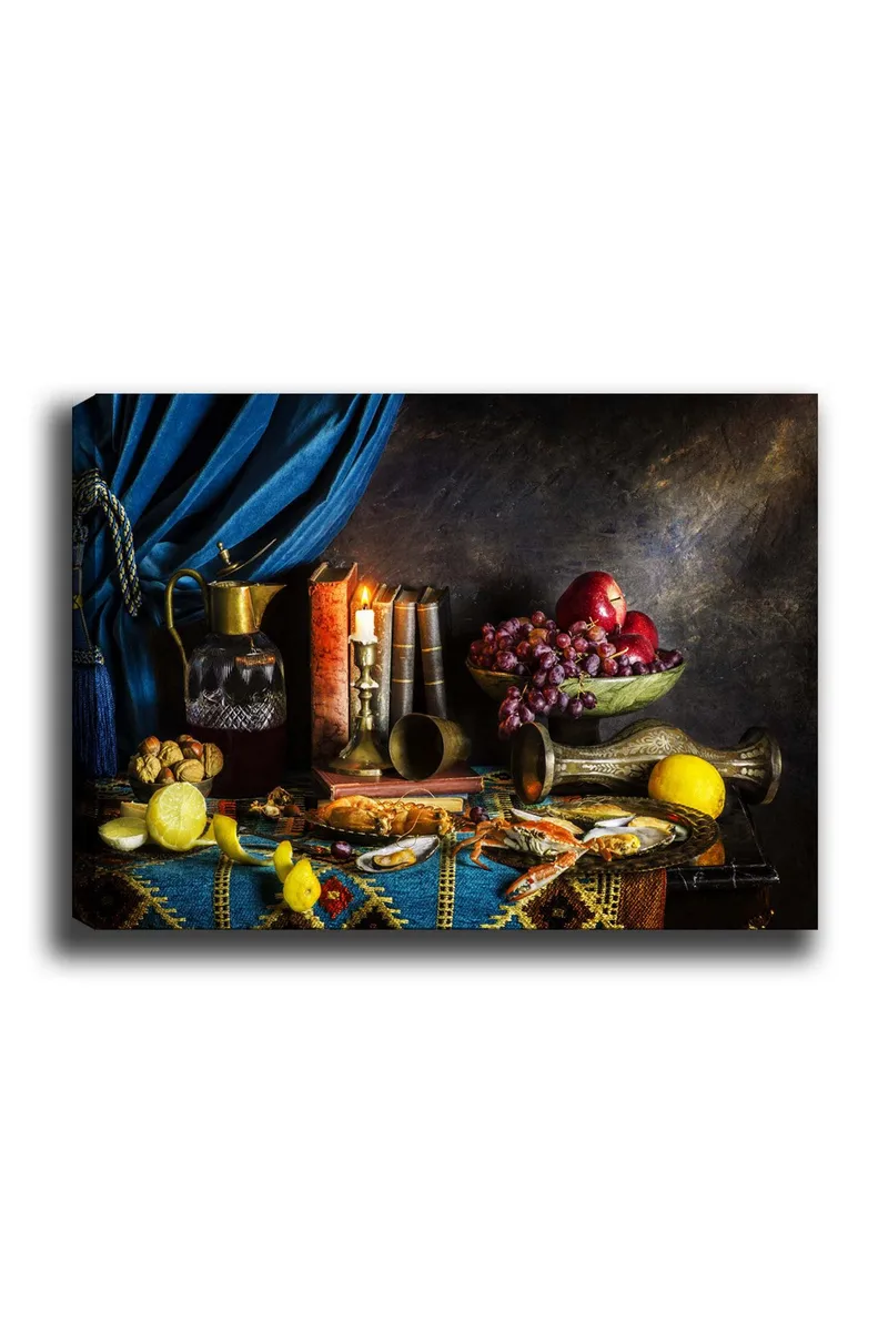 Canvas taulu 70x100 cm - Asetelma hedelmillä, kirjoilla ja kannulla luoden rikkaan ja kutsuvan tunnelman - Tummansininen / Punainen / Vihreä - Sisustustuotteet - Taulu & taide - Canvas-taulu