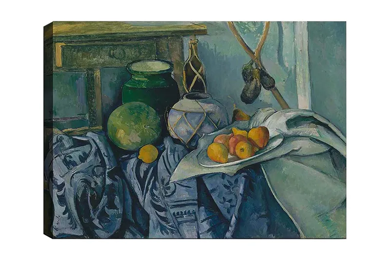 Canvas taulu 70x100 cm - Asetelma hedelmillä ja keramiikalla pöytäliinalla, Vihreä / Sininen / Oranssi