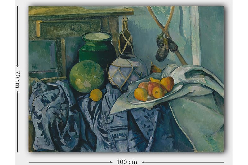 Canvas taulu 70x100 cm - Asetelma hedelmillä ja keramiikalla pöytäliinalla - Vihreä / Sininen / Oranssi - Sisustustuotteet - Taulu & taide - Canvas-taulu