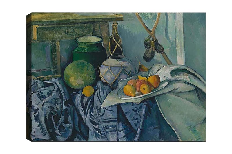 Canvas taulu 70x100 cm - Asetelma hedelmillä ja keramiikalla pöytäliinalla, Vihreä / Sininen / Oranssi