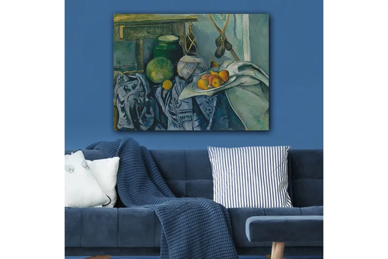 Canvas taulu 70x100 cm - Asetelma hedelmillä ja keramiikalla pöytäliinalla - Vihreä / Sininen / Oranssi - Sisustustuotteet - Taulu & taide - Canvas-taulu