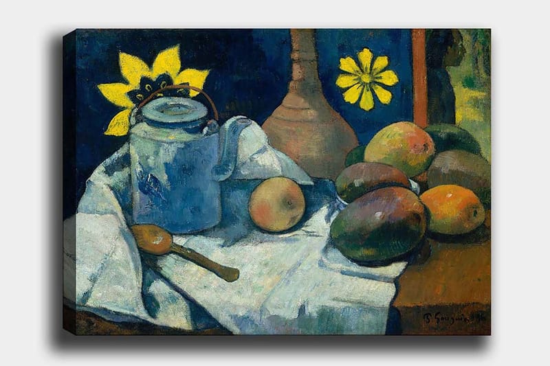 Canvas taulu 70x100 cm - Asetelma sinisellä kannulla, hedelmillä ja keltaisella kukalla, Sininen / Keltainen / Vihreä