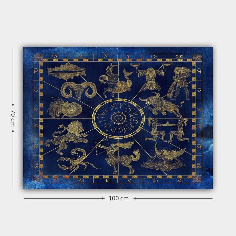 Canvas taulu 70x100 cm - Astrologinen kartta, jossa kaksitoista horoskooppimerkkiä kultaisena syvänsinistä taustaa vasten - Syvän sininen / Kulta - Sisustustuotteet - Taulu & taide - Canvas-taulu