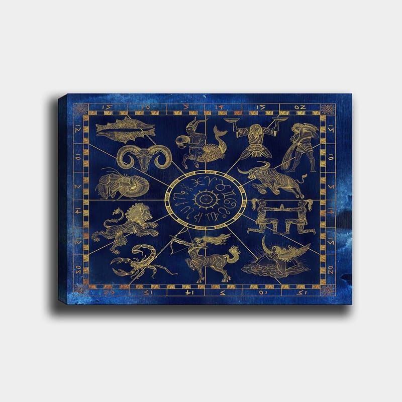 Canvas taulu 70x100 cm - Astrologinen kartta, jossa kaksitoista horoskooppimerkkiä kultaisena syv änsinistä taustaa vasten, Syvän sininen / Kulta