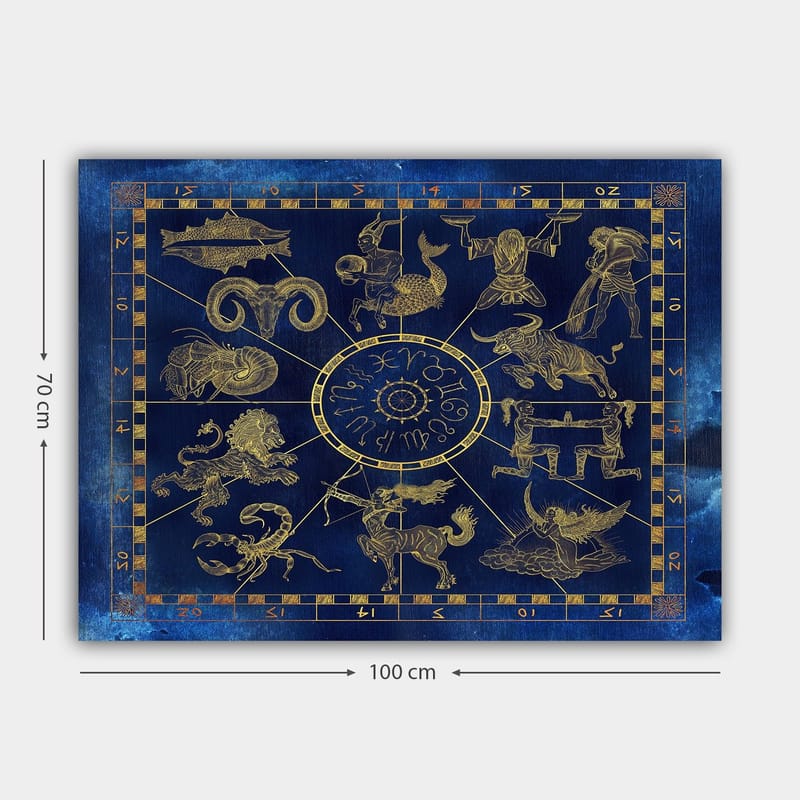 Canvas taulu 70x100 cm - Astrologinen kartta, jossa kaksitoista horoskooppimerkkiä kultaisena syvänsinistä taustaa vasten - Syvän sininen / Kulta - Sisustustuotteet - Taulu & taide - Canvas-taulu