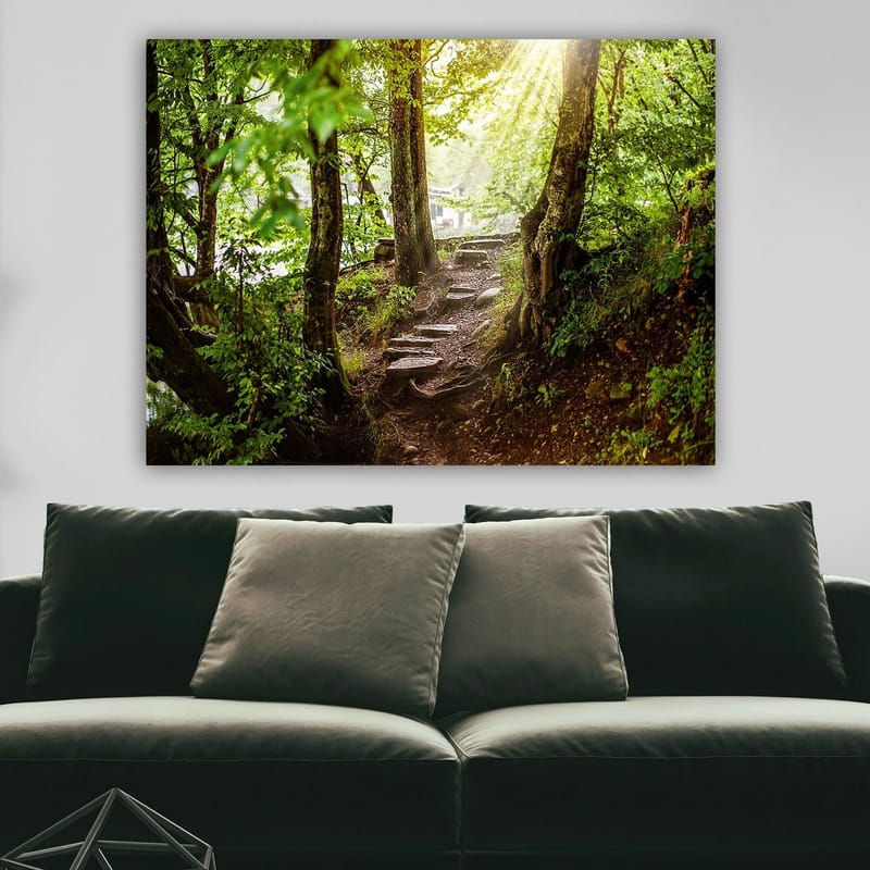 Canvas taulu 70x100 cm - Auringon valaisema polku vehreyden ympäröimänä metsäympäristössä - Vihreä / Ruskea - Sisustustuotteet - Taulu & taide - Canvas-taulu