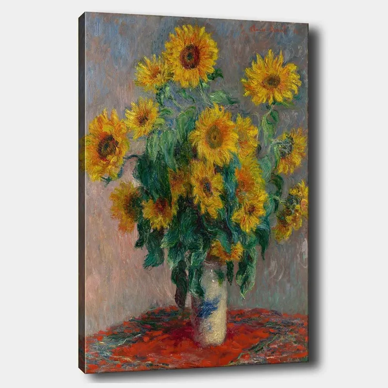 Canvas taulu 70x100 cm - Auringonkukkakimppu maljakossa, Keltainen / Vihreä / Punainen