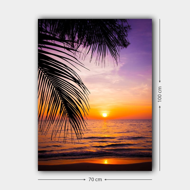 Canvas taulu 70x100 cm - Auringonlasku meren yllä, palmuja etualalla - Violetti / Oranssi / Keltainen - Sisustustuotteet - Taulu & taide - Canvas-taulu